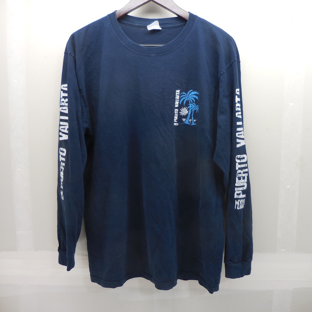 Yazbek Puerto Vallarta Mexico Long Sleeve T-Shirt Navy Blue Palm Tree Graphic L